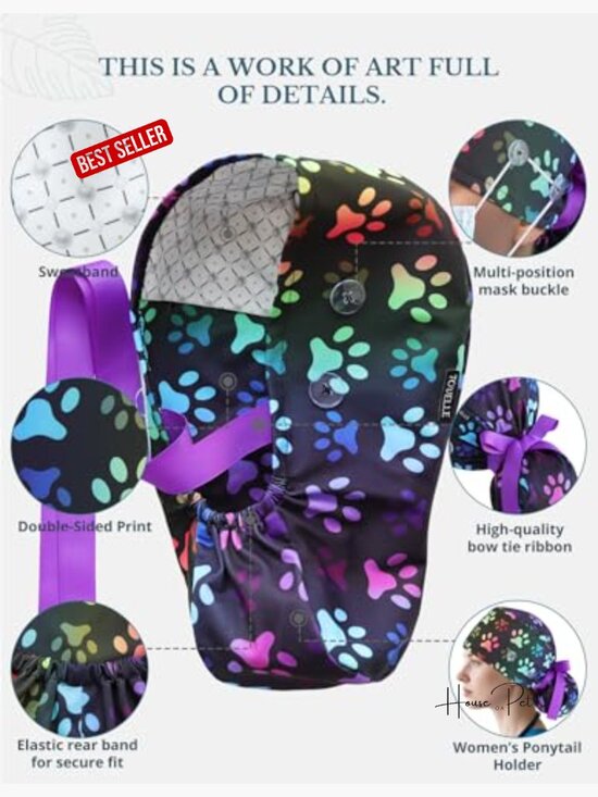 Ponytail Scrub Cap with Buttons, Sweatband & Double-Sided Print main image 6